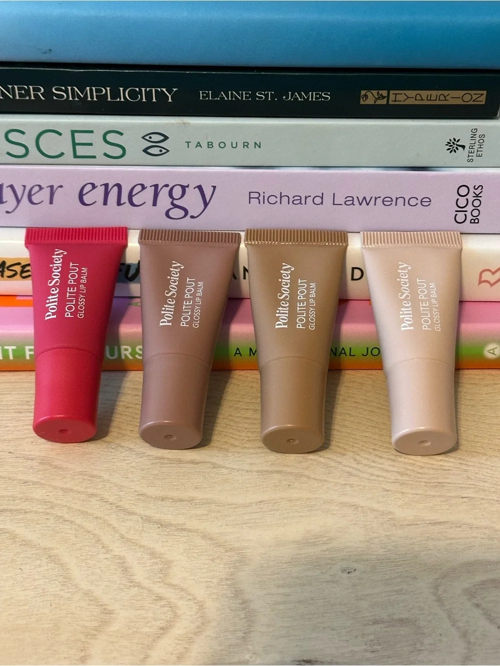 Polite Society Glossy Mini Lip Balm Set — Red, Brown, Tan, Cream